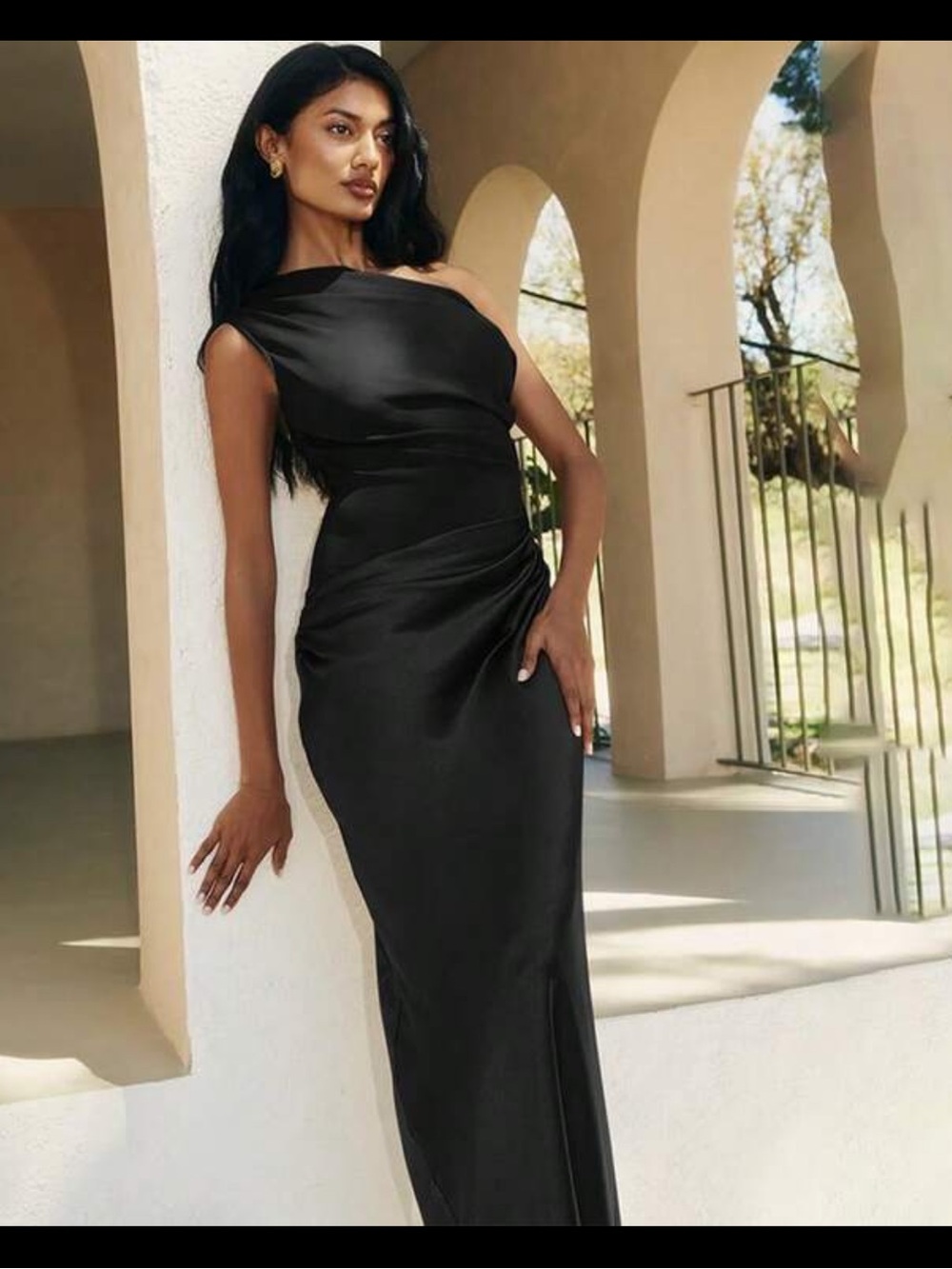 SHEIN Black One-Shoulder Satin Evening Gown